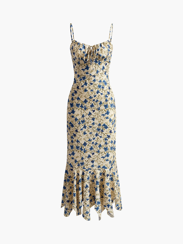 Floral Summer Night Spaghetti Strap Maxi Dress with Ruched Front