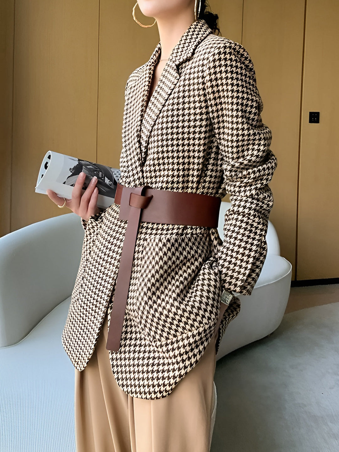 Women's Houndstooth Belted Split-Hem Blazer