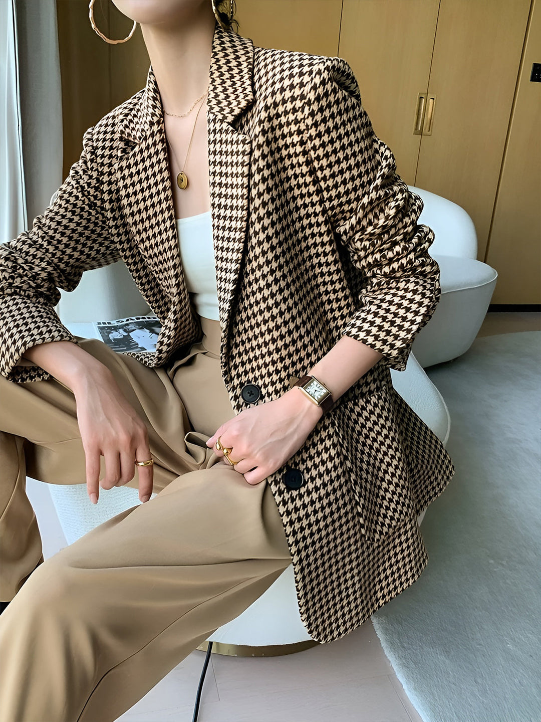Women's Houndstooth Belted Split-Hem Blazer