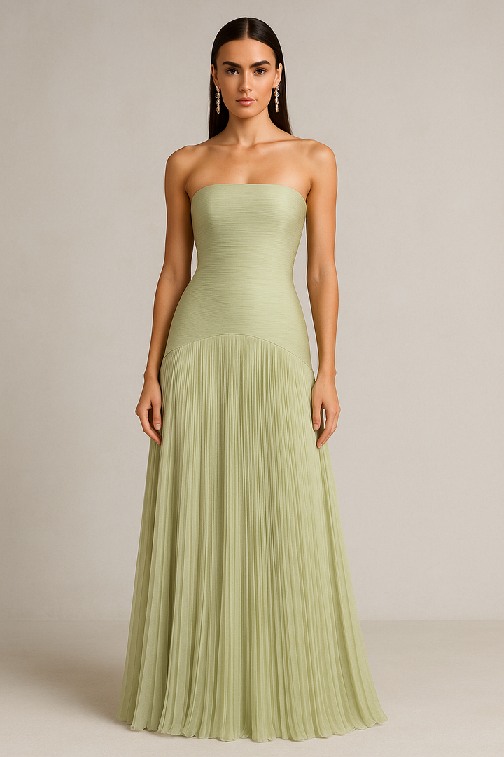 Strapless Pleated Wedding Guest Maxi Dress