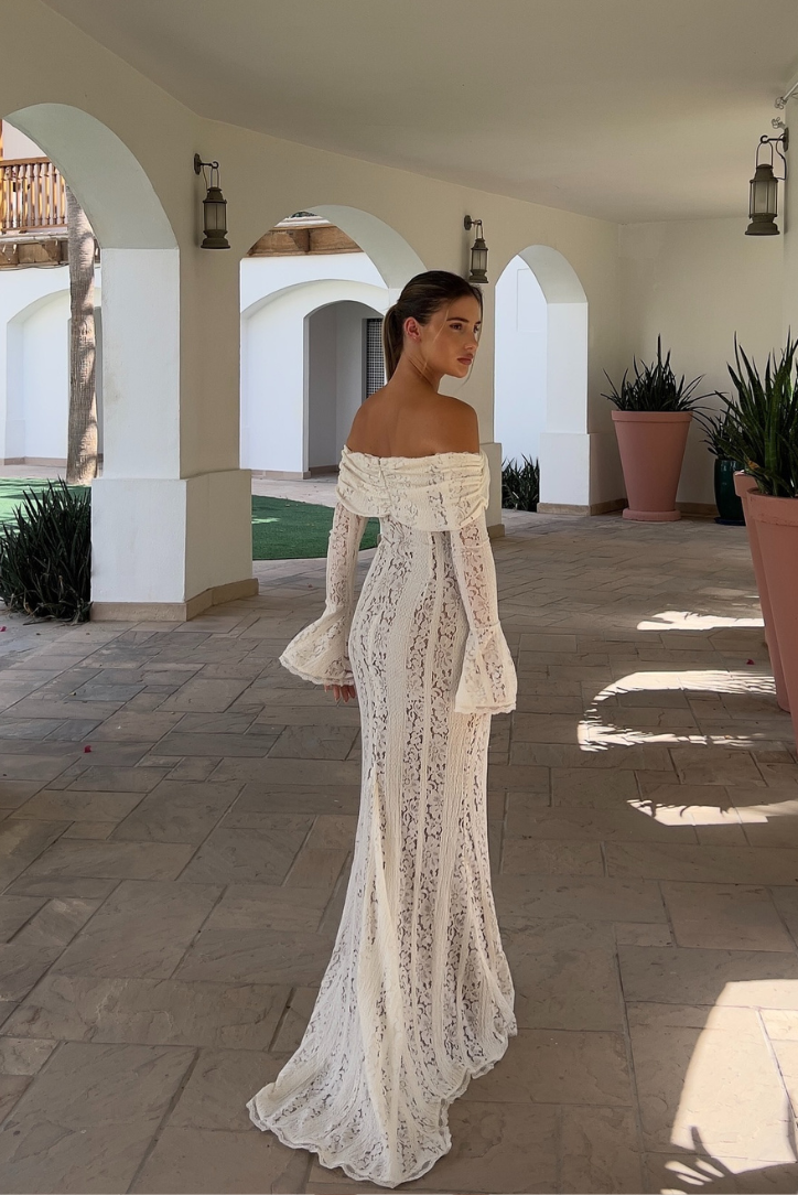 Elegant Off-Shoulder Lace Wedding Guest Maxi Dress