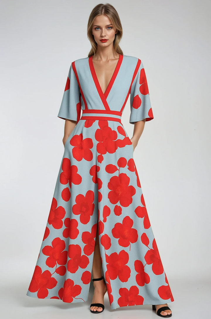 Floral V-Neck Summer Evening Maxi Dress