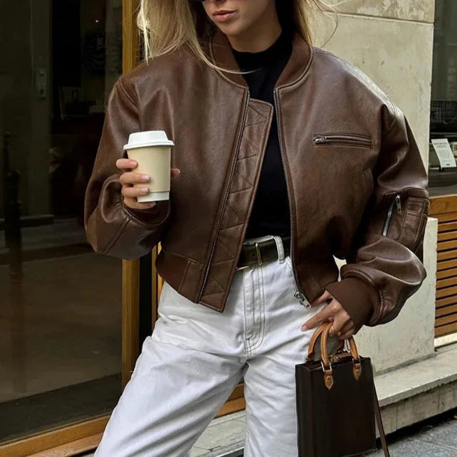 Women's Cropped Vintage Faux Leather Bomber