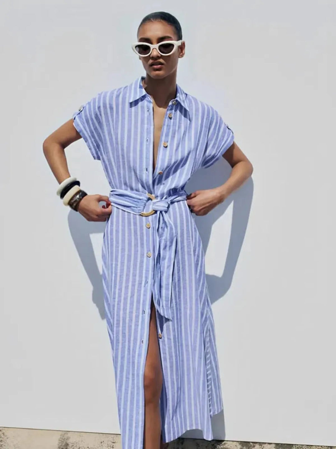 Striped Linen-Blend Work Maxi Dress with Belt