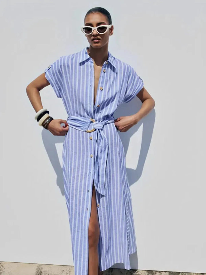 Striped Linen-Blend Work Maxi Dress with Belt