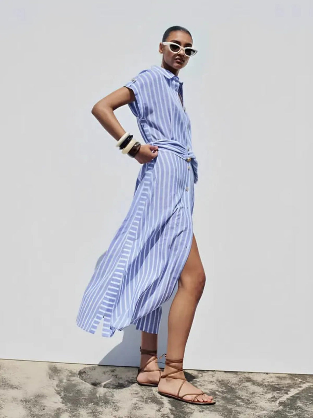Striped Linen-Blend Work Maxi Dress with Belt