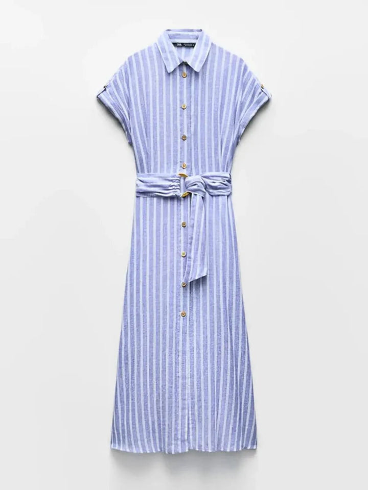 Striped Linen-Blend Work Maxi Dress with Belt