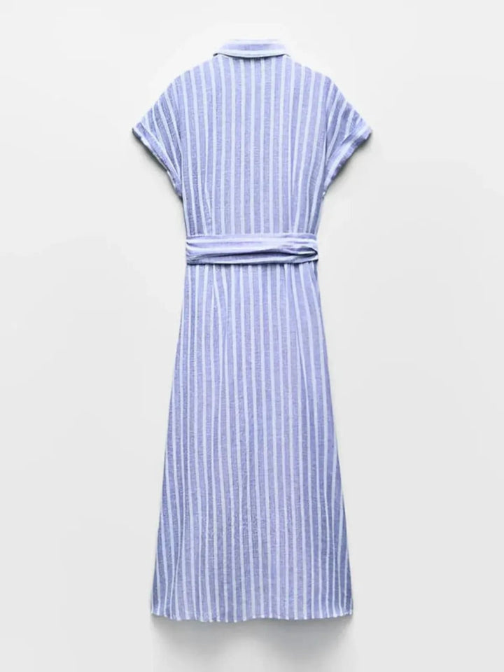 Striped Linen-Blend Work Maxi Dress with Belt