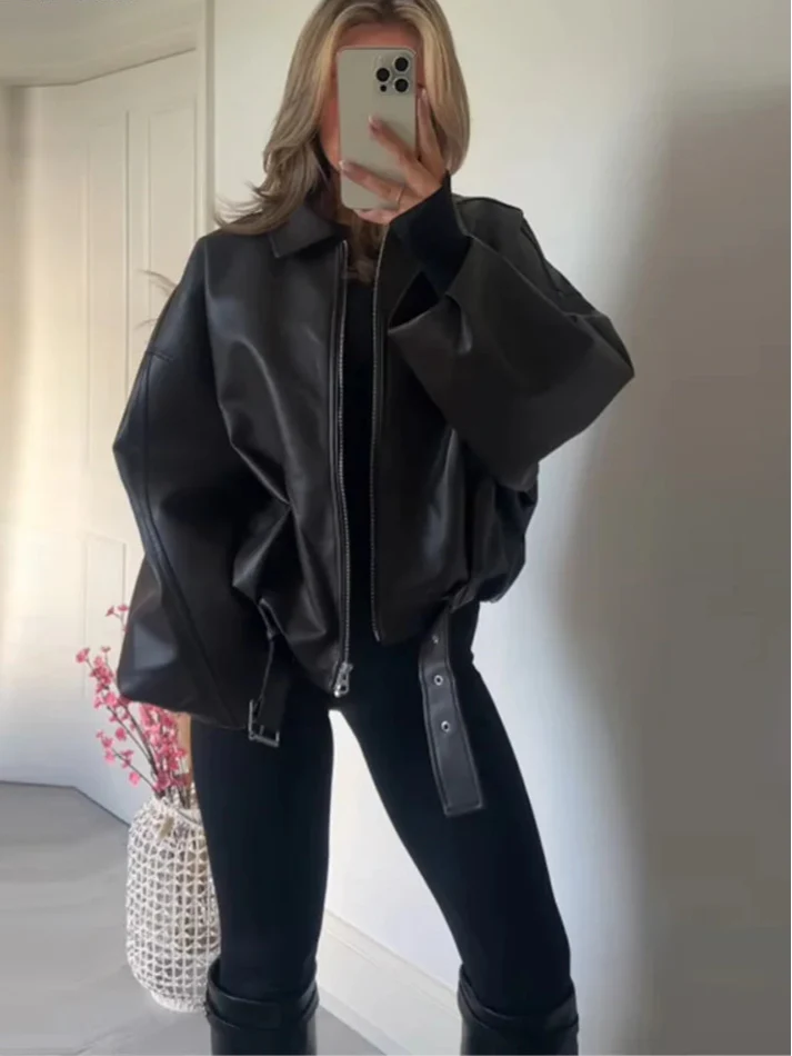 Vintage Faux Leather Bomber Jacket