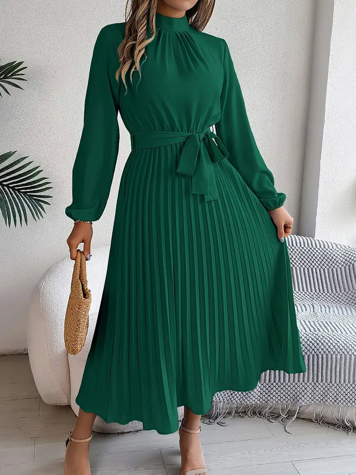 Chic Pleated Wedding Guest Midi Dress with Belted Waist