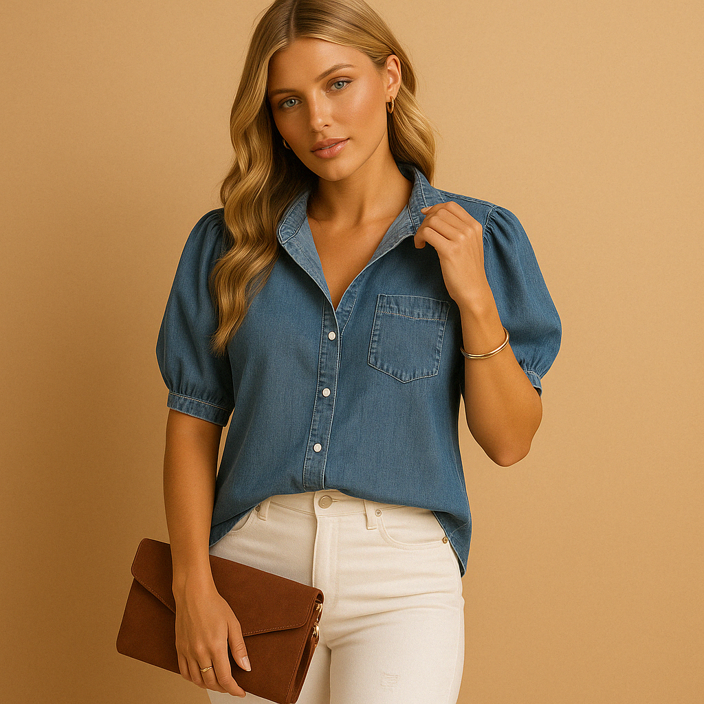 Denim blouse with button-down design for women | Claire
