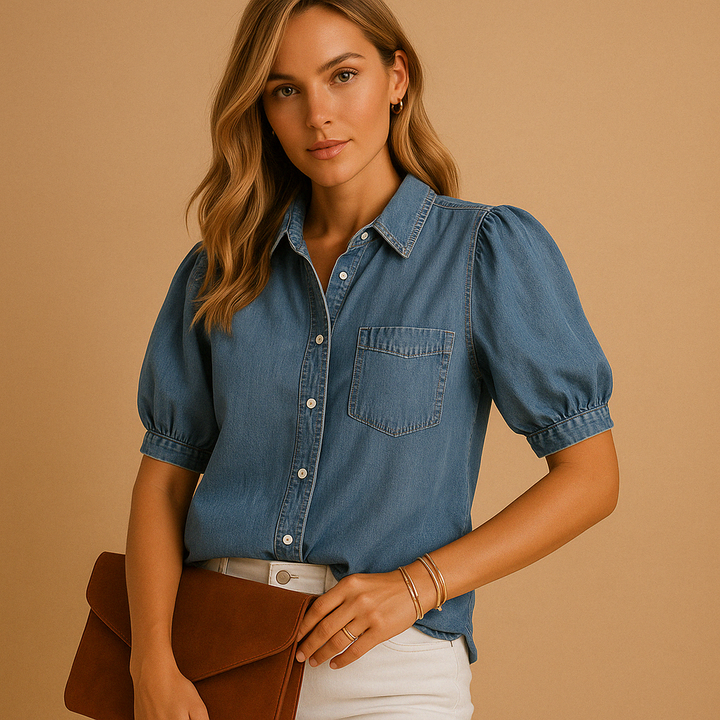 Denim blouse with button-down design for women | Claire
