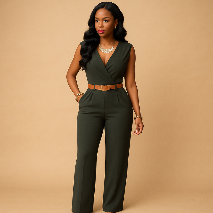 Deep V-neck jumpsuit with high waist for women | Clara