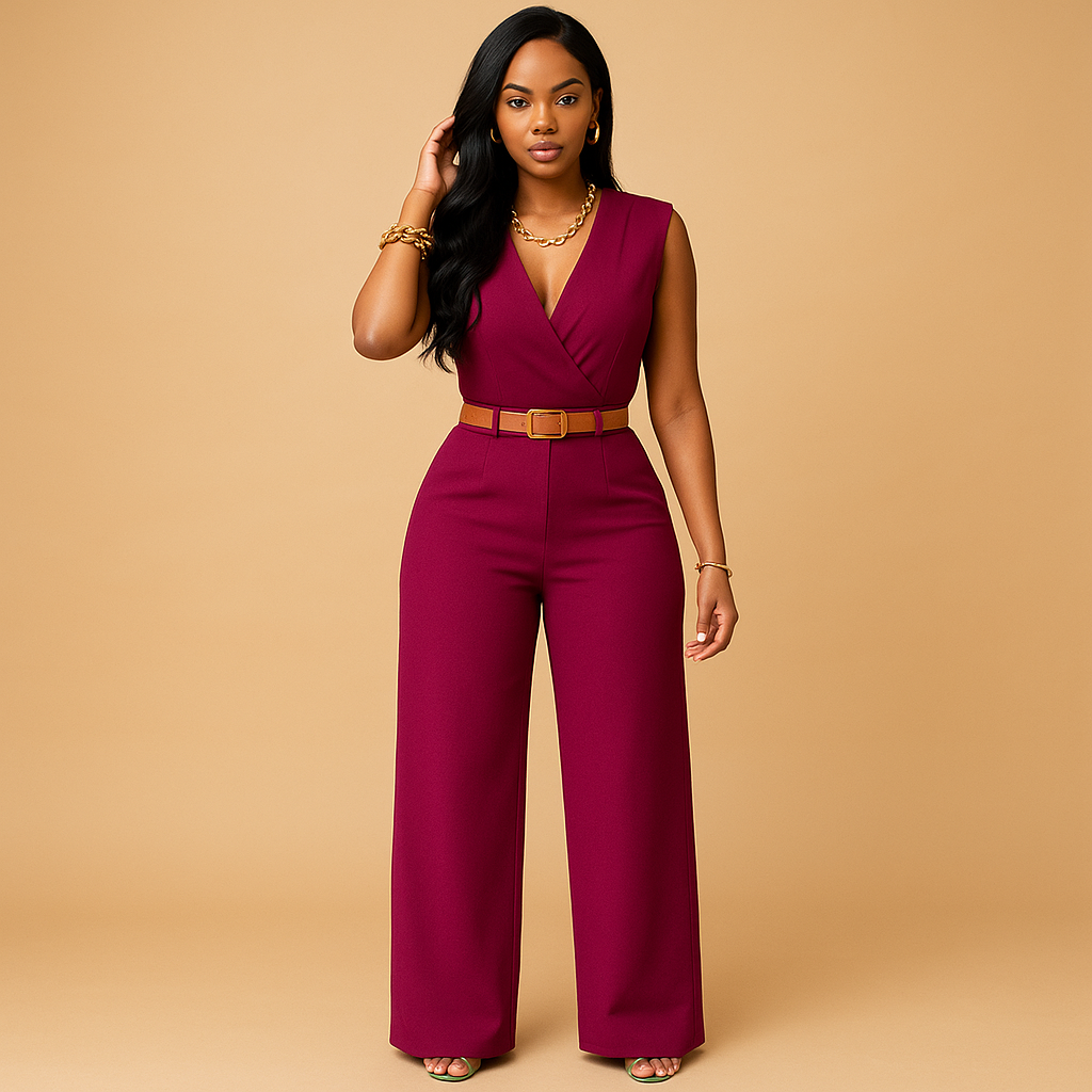 Deep V-neck jumpsuit with high waist for women | Clara