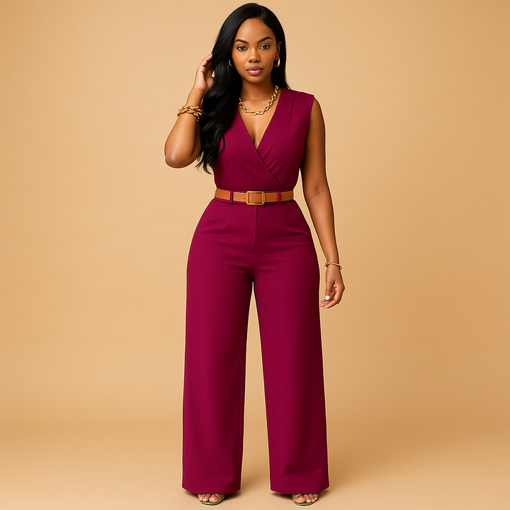 Deep V-neck jumpsuit with high waist for women | Clara