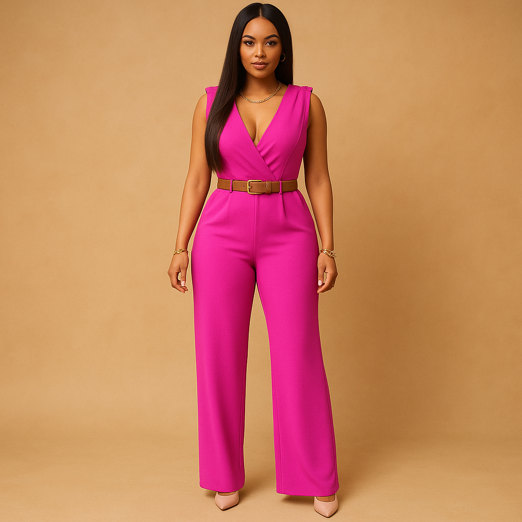 Deep V-neck jumpsuit with high waist for women | Clara