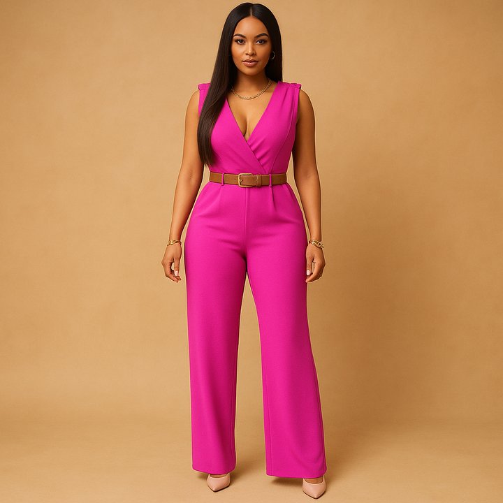 Deep V-neck jumpsuit with high waist for women | Clara