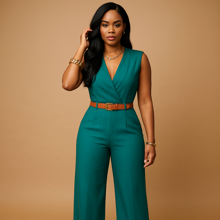 Deep V-neck jumpsuit with high waist for women | Clara