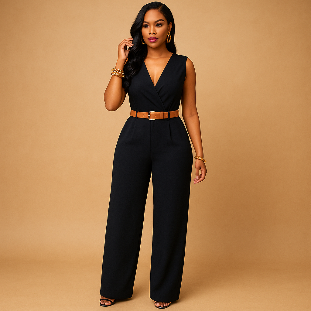 Deep V-neck jumpsuit with high waist for women | Clara
