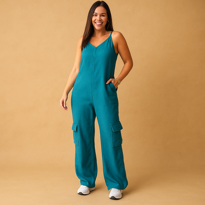 Denim V-neck jumpsuit for women | Marissa