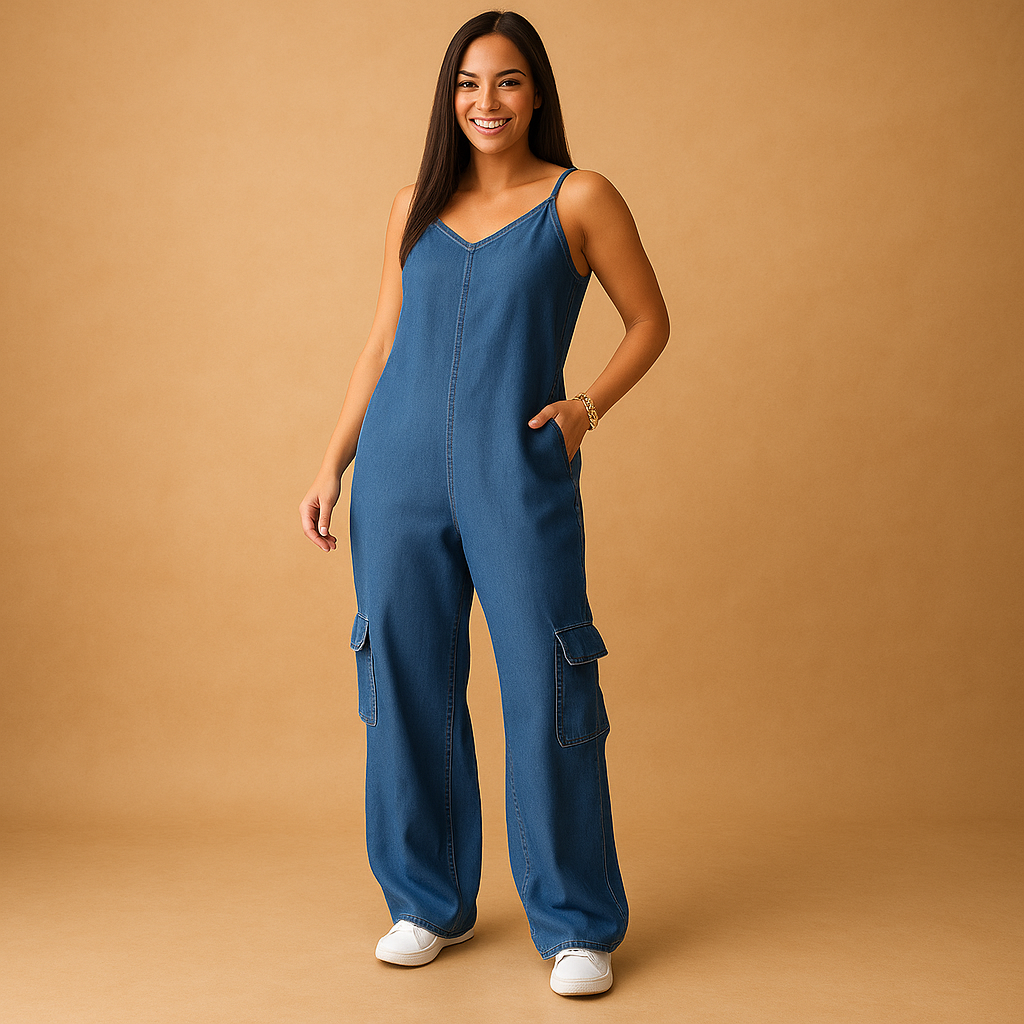 Denim V-neck jumpsuit for women | Marissa
