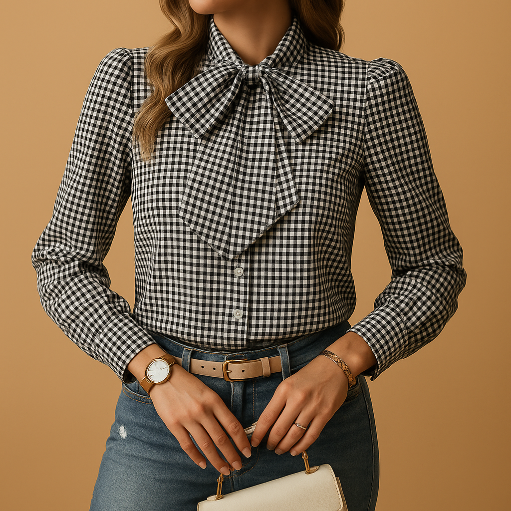 Plaid bow tie blouse for women | Grace