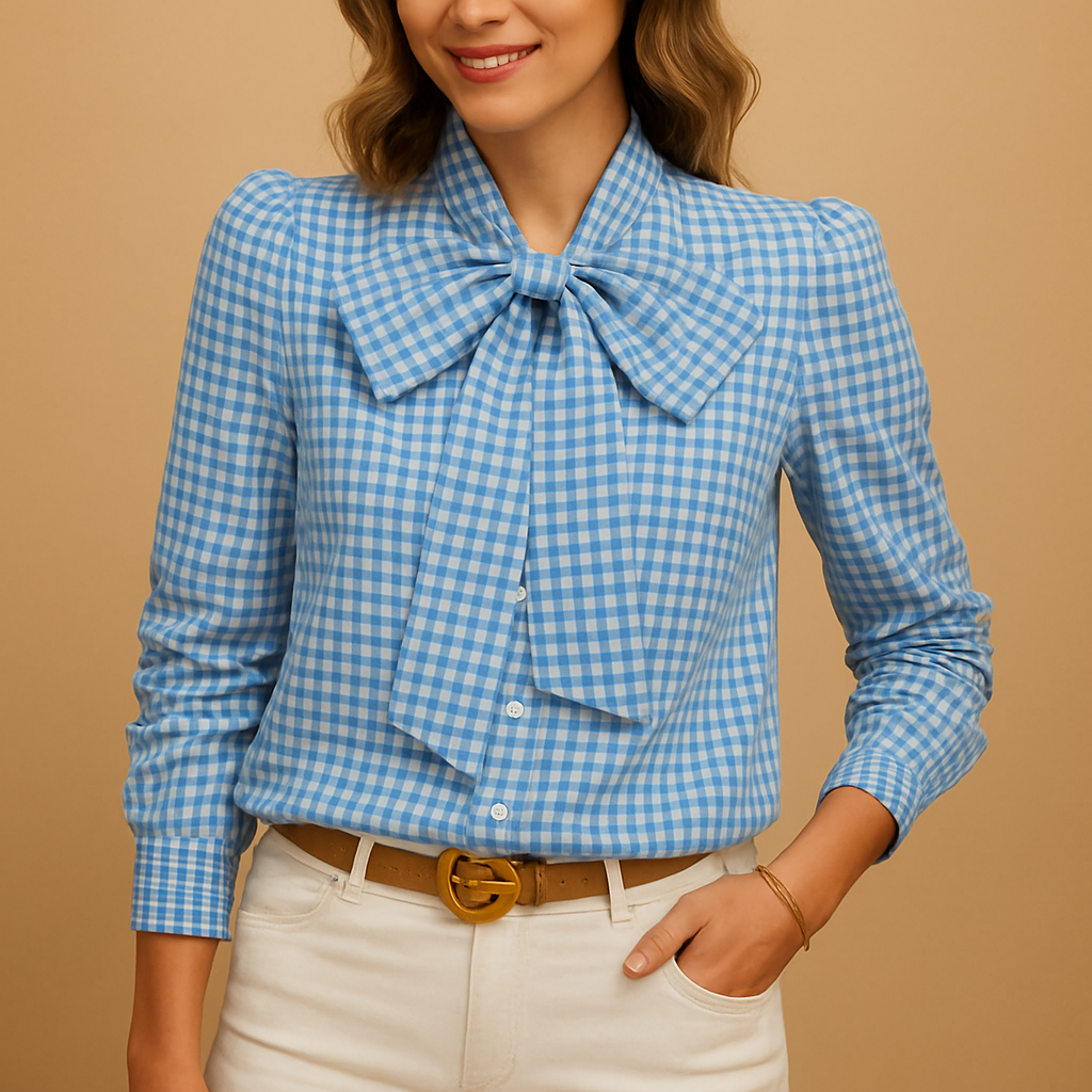 Plaid bow tie blouse for women | Grace