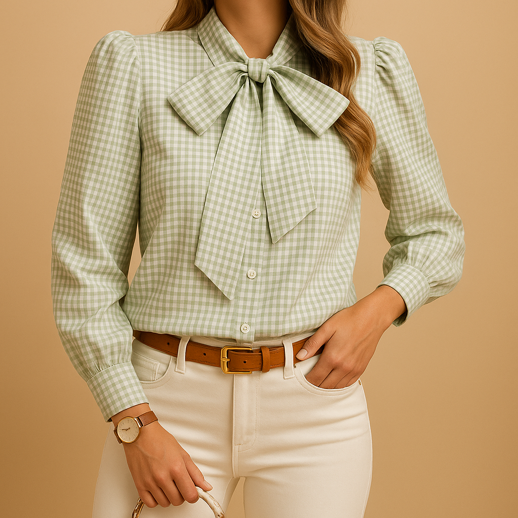 Plaid bow tie blouse for women | Grace