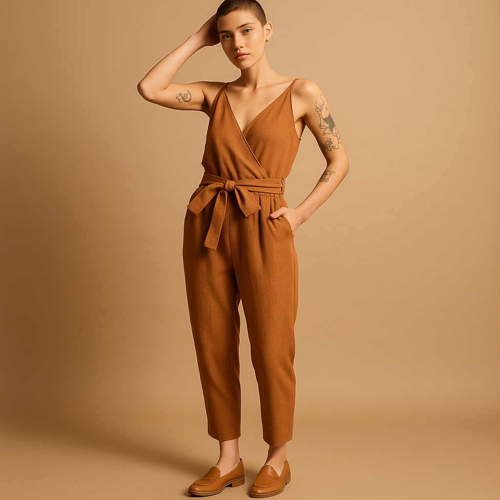 V-neck belted jumpsuit for women | Clarissa