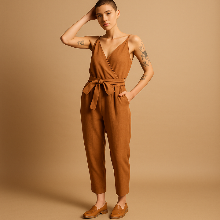 V-neck belted jumpsuit for women | Clarissa