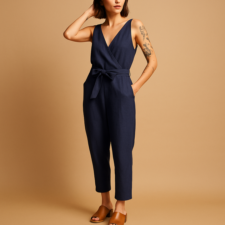 V-neck belted jumpsuit for women | Clarissa
