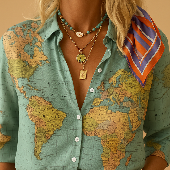 World map print blouse for women | Aurora