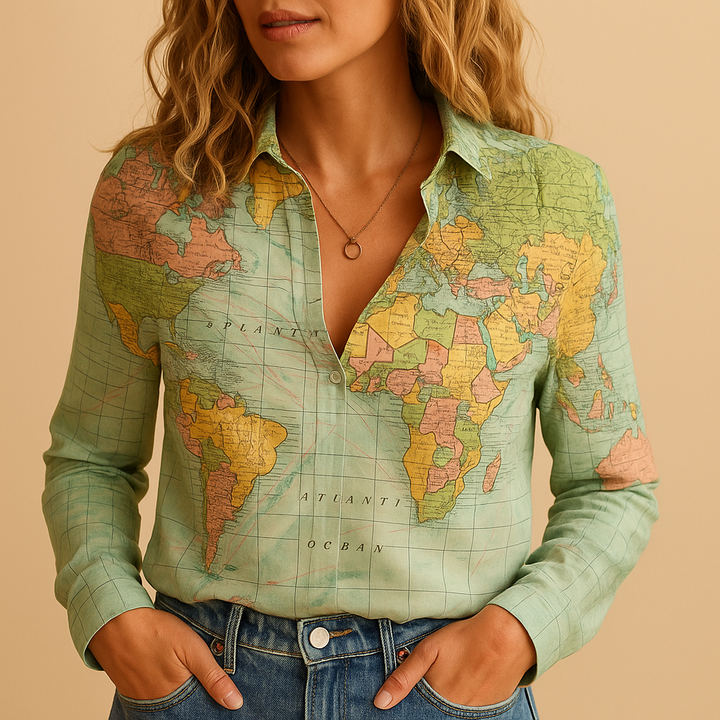 World map print blouse for women | Aurora
